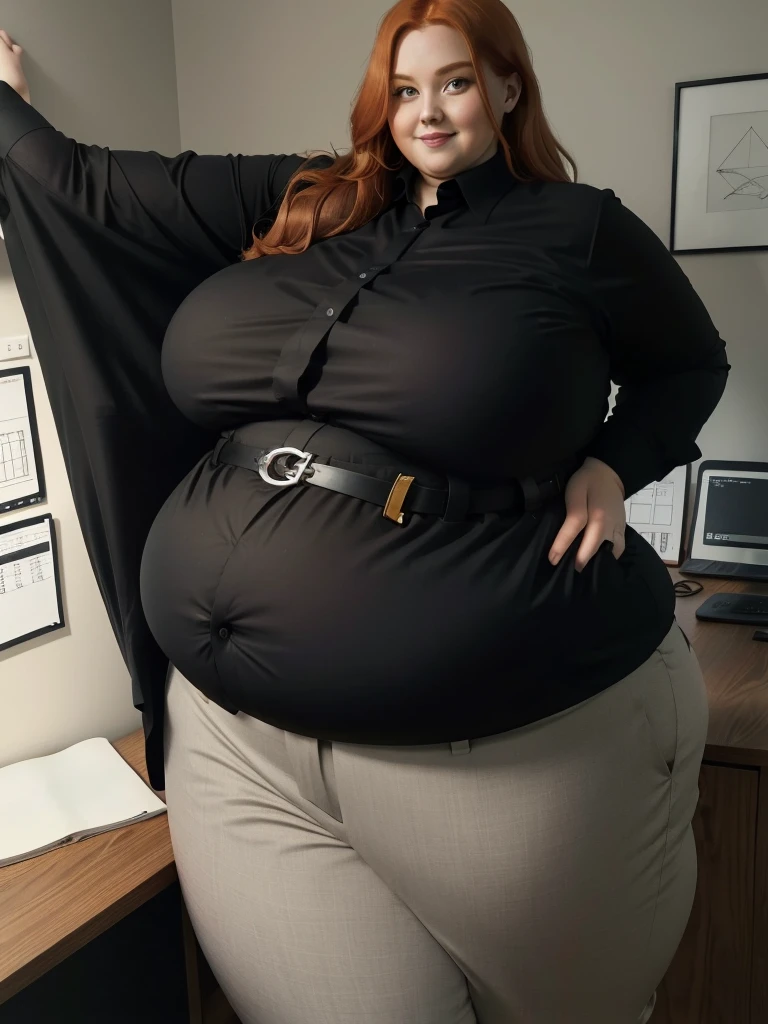 An happy photo of a Beautiful ginger architect BBW, with long wavy light Brownish-ginger hair, with big soft fat belly, thicc fat arms, thicc wide legs, big breast, in black pants, long black shirt tucked in her pants, black belt and black blouse in her new modern architect office