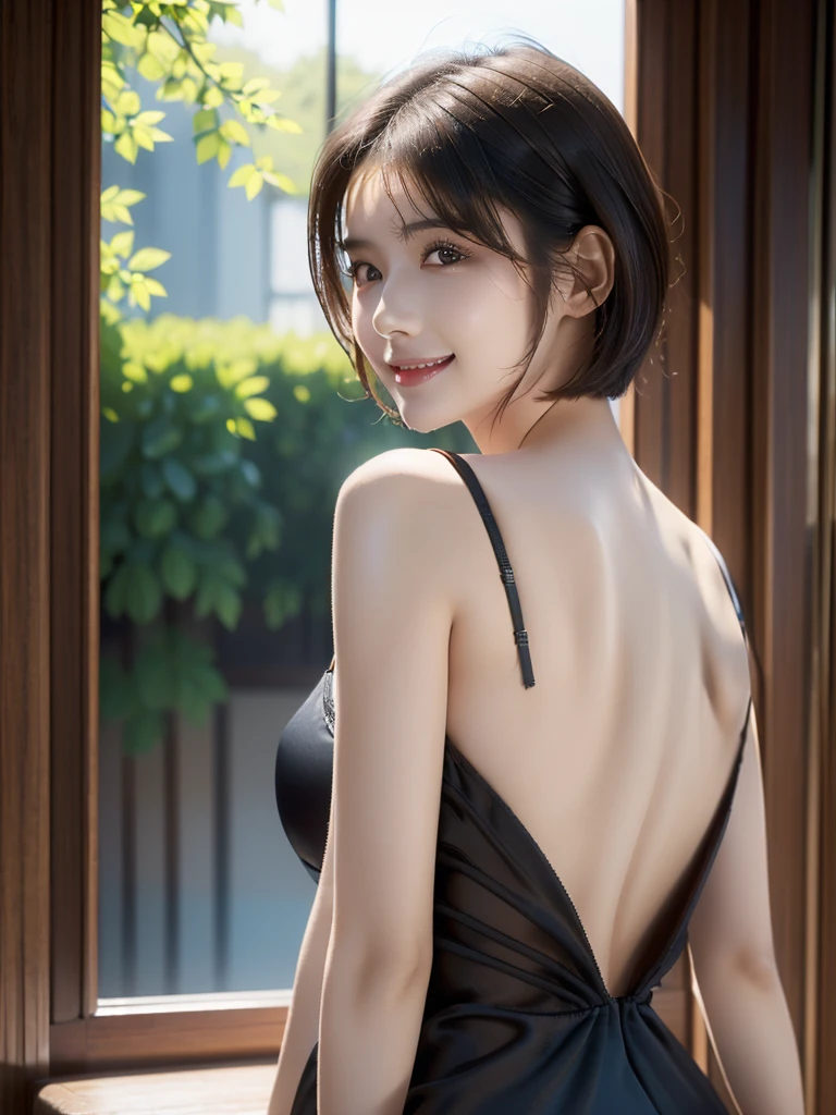 best quality, masterpiece, ultra high res, (photorealistic:1.4), RAW photo , (1 girl:1.3), a girl, solo,  (short hair, brown hair:1.3),  light smile, large breast, side boob, Satin Backless  Dress, ( black dress:1.2), looking back