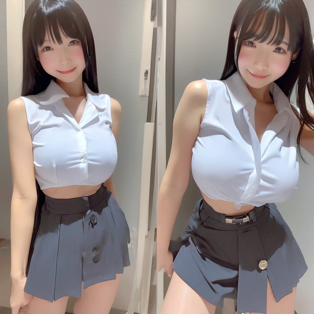 (high quality)、(High resolution)、2 people、Look at me with a smile、whole body、、See-through sleeveless shirt with buttons andlar、See-through mini skirt、Mouth open and short of breath、Sexy pose