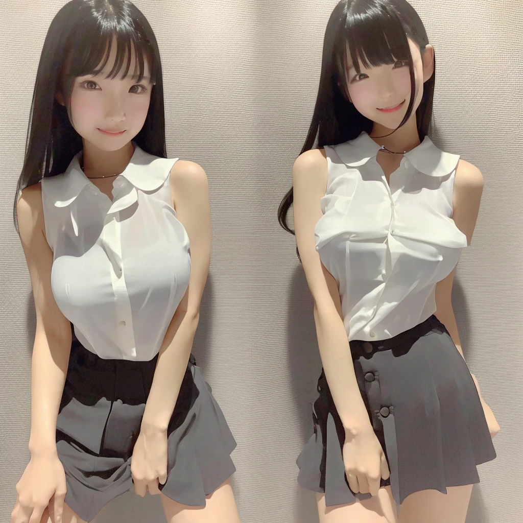(high quality)、(High resolution)、2 people、Look at me with a smile、whole body、Big Breasts、See-through sleeveless shirt with buttons and collar、See-through mini skirt、Mouth open and short of breath、Sexy pose