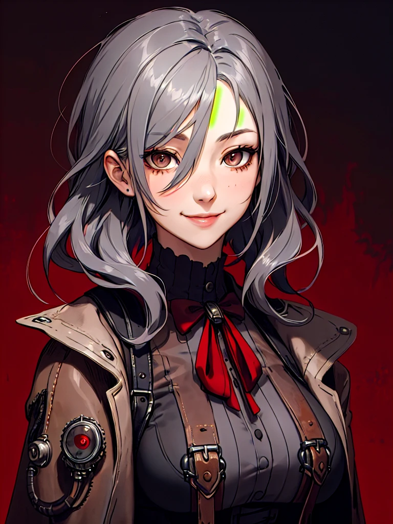 ((Portrait)), She has an Adult and Attractive Appearance with Medium-sized Breasts, Gray Eyes, and a Friendly Attitude with a Warm Smile. Her Hair is Ash Gray, Short to the Neck, with Long Strands Falling Below Her Face, and Inner Strands Dyed Red. She Wears a Dark Gray Steampunk-style Dress Coat with Red Details, Portrait, HDR, ((Dark Background))