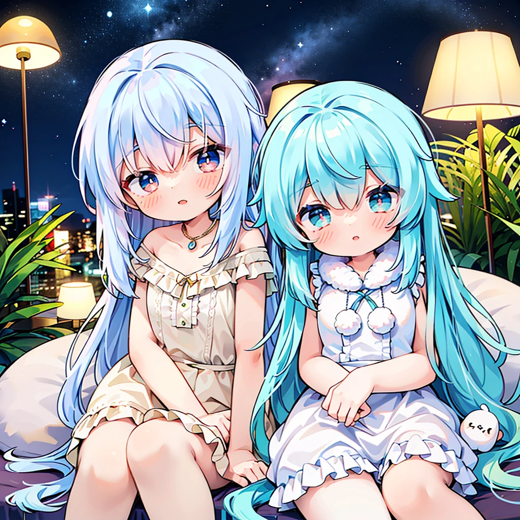 ((Highest quality)), ((masterpiece)), (detailed), One girl, Fine Lines, (Big eyes, Droopy eyes, Lower eyelid corners droop), (Light blue hair, Loosely wrapped, ), ribbon, Frills, Soft and fluffy, fluffy, Pastel feel, Girls in their 20s, night, Sitting,