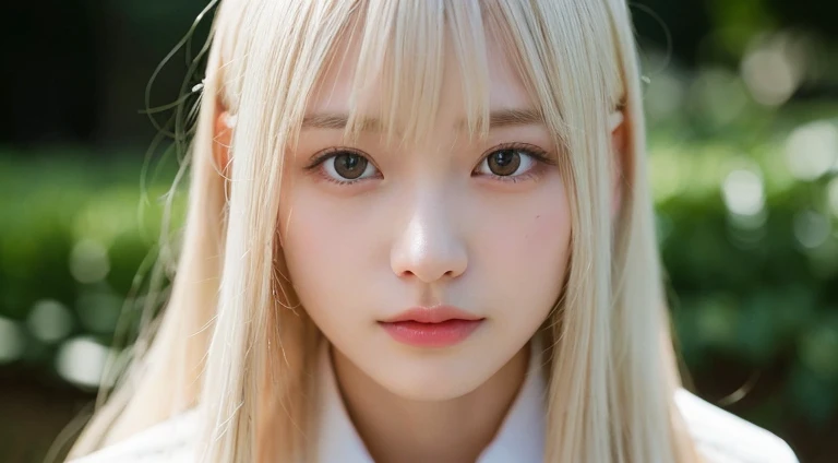 (Long Hair, bangs, Platinum Blonde Hair:1.2),(Wearing school uniform:1.2),1 girl,Japanese,21 years old,(Small breasts:1.3),(Highest quality,masterpiece:1.3,超A high resolution,),(Ultra-detailed,Caustics),(Photorealistic:1.4,RAW shooting,)Ultra-Realistic Capture,Very detailed,High resolution 16K human skin close-up。 Natural skin texture、,Pores、、It needs to be detailed enough to be easily identifiable。 Skin should be even-toned and healthy looking。 Use natural light and colour, Sad expression, Looking at the camera, Perfect dynamic composition, Outdoor