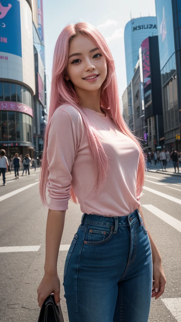 masterpiece, 1girl, (photorealistic:1.4), best quality, ultra detailed, (extremely delicate and beautiful face:1.3), (long pink highlight hair:1.2), (brown eyes), (looking 22 years old), wearing (a stylish black shirt and jeans), (natural makeup), (bright smile), (standing pose in shibuya crossing), (high resolution, 8k, realistic, hyper detailed), (warm lighting, natural lighting), (vibrant colors, vivid colors), (professional photo, cinematic composition)