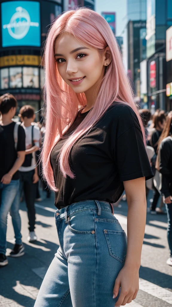 masterpiece, 1girl, (photorealistic:1.4), best quality, ultra detailed, (extremely delicate and beautiful face:1.3), (long pink highlight hair:1.2), (brown eyes), (looking 22 years old), wearing (a stylish black shirt and jeans), (natural makeup), (bright smile), (standing pose in shibuya crossing), (high resolution, 8k, realistic, hyper detailed), (warm lighting, natural lighting), (vibrant colors, vivid colors), (professional photo, cinematic composition)