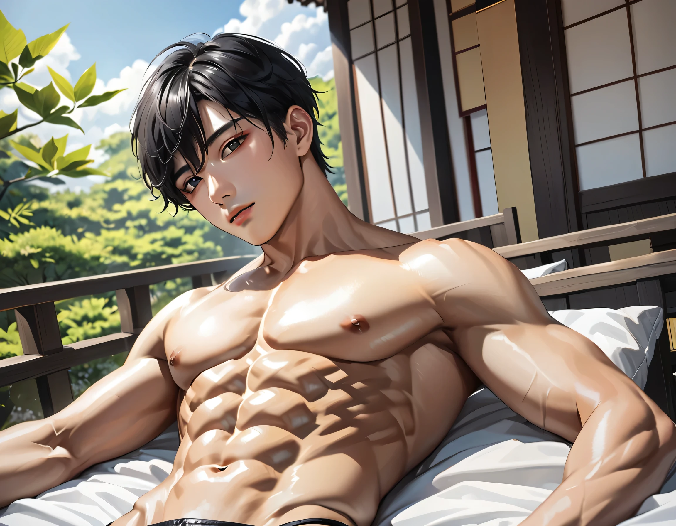high quality, detailed, Realistic, (one japanese boy), (detailed black eyes), (abs:1.5), (shiny skin), detailed nipples, black hair, (black tiny thong), (erected bulge), summer noon, (smile:0.7), close up face, laying on my side shot,