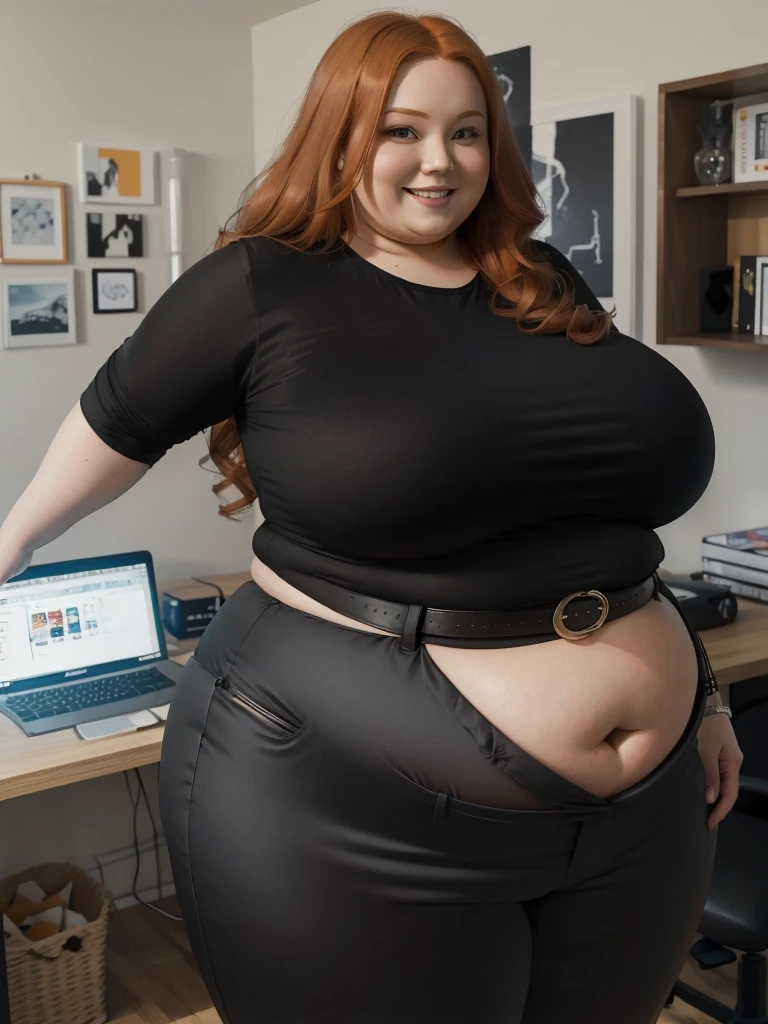 An happy photo of a Beautiful ginger architect BBW, with long wavy light Brownish-ginger hair, with big soft fat belly, thicc fat arms, thicc wide legs, big breast, in black pants, long black shirt tucked in her pants, black belt and black blouse in her new modern architect office