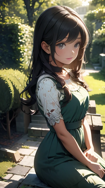A serene and peaceful garden, lush foliage, a lone girl sitting on a stone bench, gazing thoughtfully into the distance, beautiful detailed eyes, beautiful detailed lips, extremely detailed face and features, long eyelashes, elegant dress, sunlight filtering through the trees, warm color tones, cinematic lighting, highly detailed, 8k, photorealistic, masterpiece, concept art