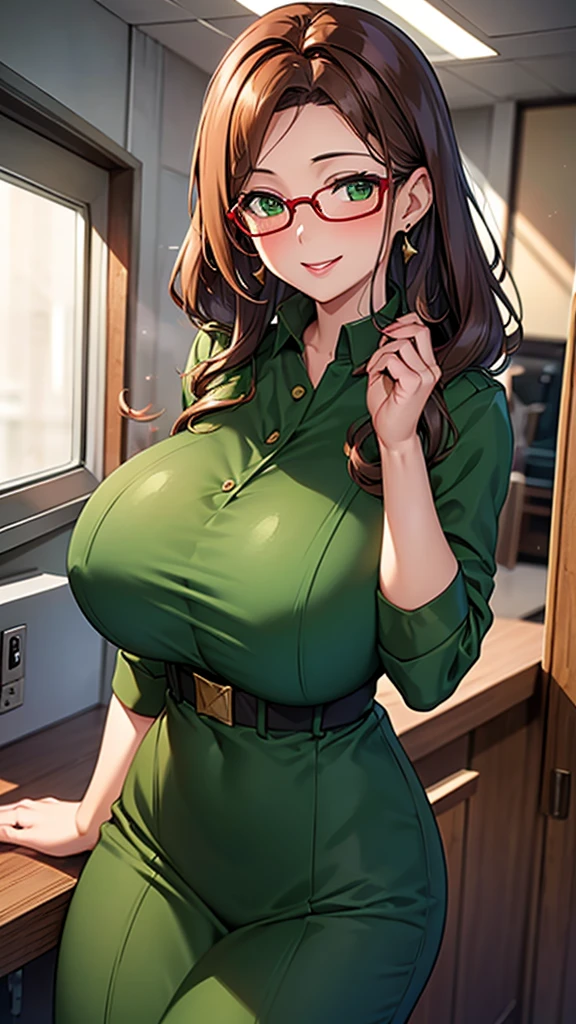 Wife 30 years old,Huge Breasts,Brown wavy hair,earrings,Smile,cloudy day,Sexy,noble,red glasses,green eyes,lipstick,Soaked all over,Sheer green military uniform,Meticulous background,Inside the fighter hangar