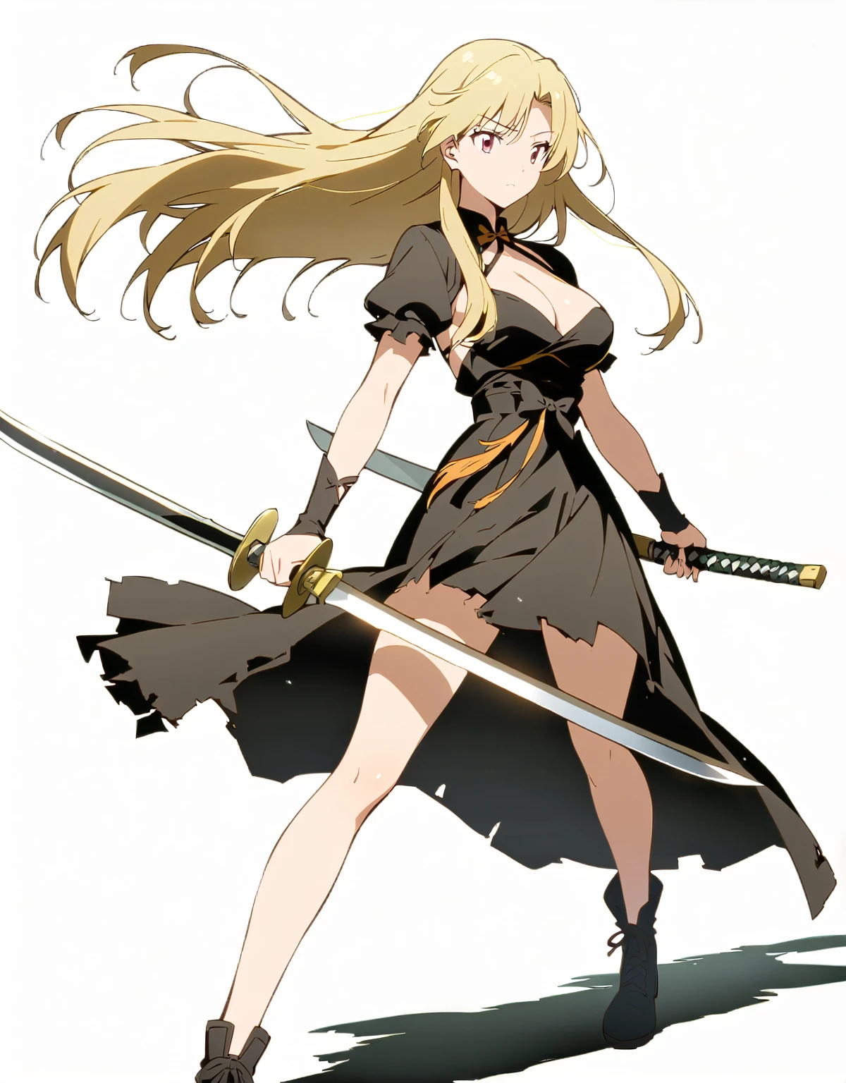 Black Hair,Black Dress, with long blonde hair holding a sword ,Anime Girls, Half Yamada, Fox warrior with a naginata, Anime Girlss, Pulling out the sword, (Anime Girls), She has a sword,Background ruins