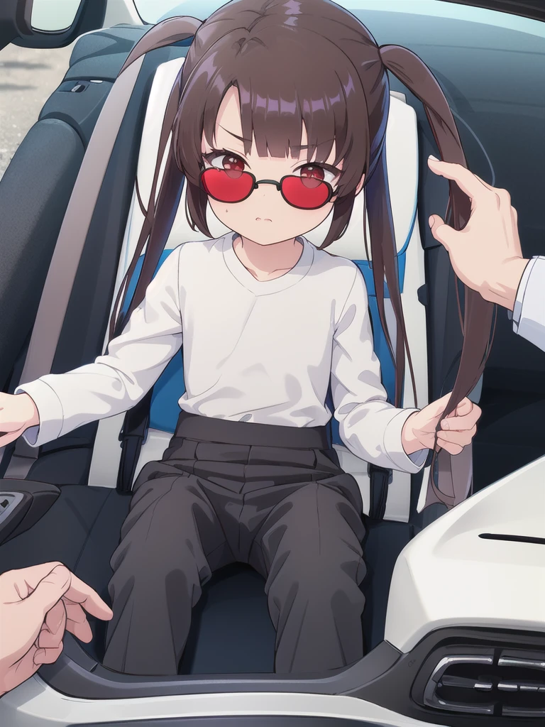 In the car,Convertible,Sitting,((Behind the wheel of a car)),Looking Ahead,driving,1 Girl, 独奏, Red eyes,((Wearing black sunglasses)),, Twin tails, brown hair,crawling,((顔 focus)),upper body,Black long sleeve shirt,White slacks, bangs, eyebrows visible through hair, Flat Chest,