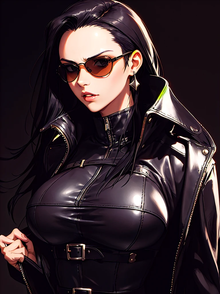 ((Portrait)), She has a Robust and Attractive Appearance with Large Breasts and an Expressionless Face. She Wears Black Aviator-style Sunglasses, Hiding Her Eyes. Her Hair is Black, Long, and Straight, with a Bare Forehead. She Wears Sturdy Leather Clothing, such as a Very Large Unbuttoned Leather Coat Over a Black Leather Top Cut Below the Chest, Adorned with a Leather Belt, Portrait, HDR, ((Dark Background))