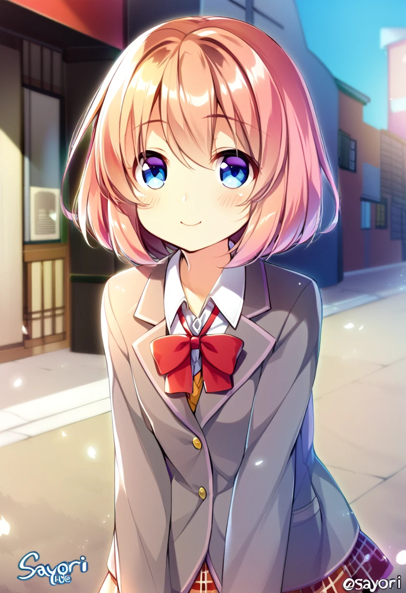 one girl, lovely, boyish, blazer, bow, Sayori, my childhood friend, cute, short hair, blush, light blue eyes, cheerful girl, cartoon style