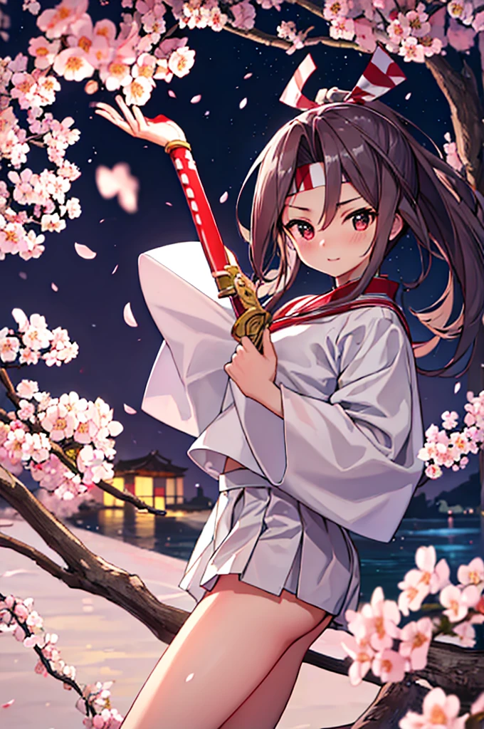 4K, Highest quality, Fleet Collection,Ruifeng,Sailor suit,Holding a Japanese sword,ponytail,A night of falling cherry blossoms,