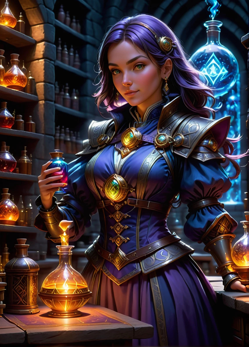 experienced human alchemist, female focus, guild symbols and patterns, dark ethereal laboratory at night, holding an potion bottle, full shot,
((looking at viewer:1.2), (from side:0.8)),
full armor, athletic, volumetric lighting dynamic lighting, real shadows, vibrant contrasting colors,
style of Stephen Hickman and Stan Manoukian,
ultra realistic, masterpiece, high quality, highres, sharp focus, intricate, sharp details, highly detailed, rich color, 8K,