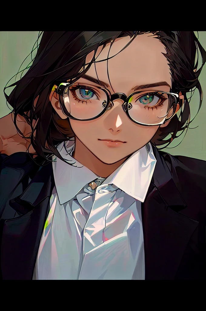 there is a anime woman wearing glasses and a white shirt, with glasses, !!wearing modern glasses!!, !!wearing glasses!!, with accurate face, potrait, with glasses on, spectacled, without glasses, in suit with black glasses, with square glasses, androgyny, androgynous, protrait, close up potrait, androgynous person