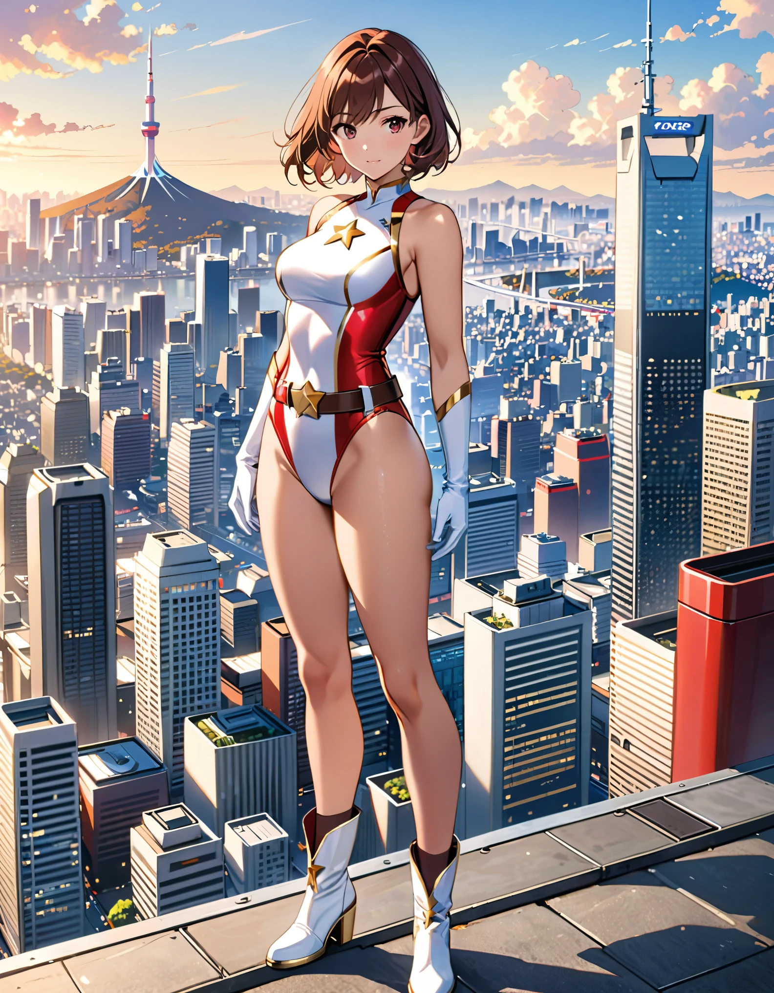 (masterpiece), (best quality), (high res), medium breasts, ((leotard, white and red leotard, matching leotard, sleeveless, bare legs)), ((tight belt, gold belt)), ((boots, matching boots, ankle-high boots, white boots)), ((gloves, white gloves)), city backdrop, tokyo city backdrop, solo, solo focus, standing, (full body), cowboy shot, superhero, ((beautiful detailed eyes)), ((gold star symbol on chest)), (brown hair, medium hair, bob hair, purple eyes), (perfect hands, perfect anatomy), cowboy shot, superhero, ((beautiful detailed eyes)), full body costume design.