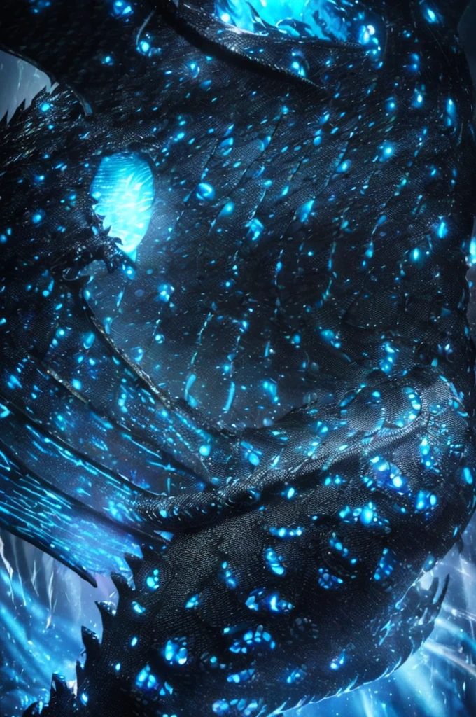 {masterpiece, distinct_image, extremely detailed CG, (extremely detailed fine touch:1.2), (natural light, blue_light, light rays, dappled light, ray tracing:1.2), detailed face, black ghastly dragon on Glacier, animation style dragon, photo realistic, 4k, 8k, high_resolution, glitter, blue_light, (glow_blue_face, front_light:1.3),{1dragon, face_focus, looking for_in_viewer, front view},{dragon, huge body, (Black Smoke Dragon Horn, black dragon scales, blue glowing dragon eyes, wings of blue flame, black dragon tail,Blue glowing dragon's claws:1.7), winter polar background}