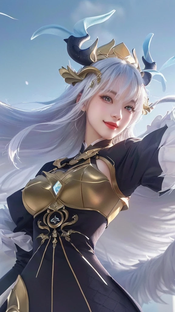 a close up of a girl with a sword and feather, white hair, with blue deer horn, smiling, portrait, knights of zodiac girl, (best quality,4k,8k,highres,masterpiece:1.2),ultra-detailed,(realistic,photorealistic,photo-realistic:1.37),HDR,UHD,studio lighting,ultra-fine painting,sharp focus,physically-based rendering,extreme detail description,professional,vivid colors,bokeh,portrait,fantasy,magical realism