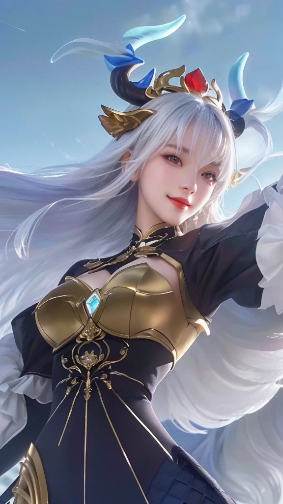a close up of a girl with a sword and feather, white hair, with blue deer horn, smiling, portrait, knights of zodiac girl, (best quality,4k,8k,highres,masterpiece:1.2),ultra-detailed,(realistic,photorealistic,photo-realistic:1.37),HDR,UHD,studio lighting,ultra-fine painting,sharp focus,physically-based rendering,extreme detail description,professional,vivid colors,bokeh,portrait,fantasy,magical realism
