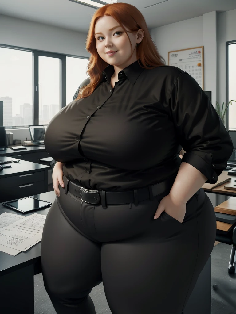An happy photo of a Beautiful ginger architect BBW, with long wavy light Brownish-ginger hair, with big soft fat belly, thicc fat arms, thicc wide legs, big breast, in black pants, long black shirt tucked in her pants, black belt and black blouse in her new modern architect office with building models and blueprints