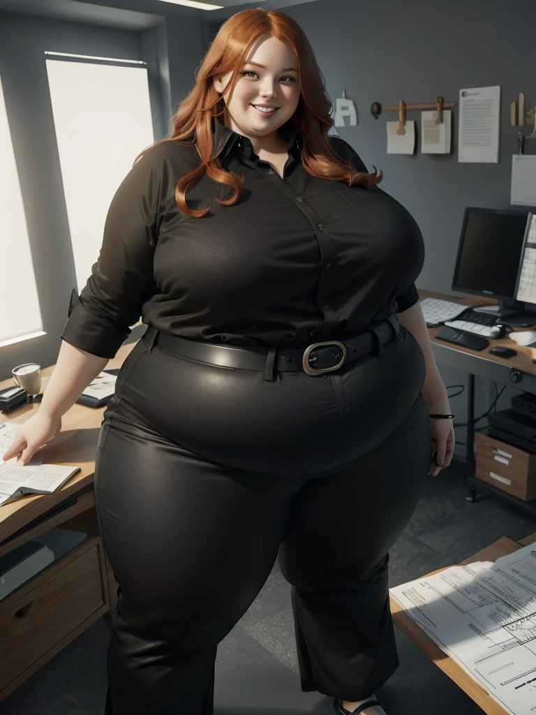 An happy photo of a Beautiful ginger architect BBW, with long wavy light Brownish-ginger hair, with big soft fat belly, thicc fat arms, thicc wide legs, big breast, in black pants, long black shirt tucked in her pants, black belt and black blouse in her new modern architect office with building models and blueprints