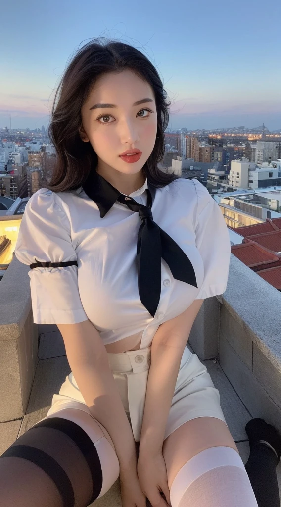 ((Midnight, Best quality, 8K, Masterpiece :1.3)), Whole body, Long legs, Sharp focus :1.2, A pretty woman with perfect figure :1.4, Slender Abs :1.1, ((Dark brown hair, Big breasts :1.2)), (Nakajoy T-shirt), ((Night city view, Rooftop:1.3)), Highly detailed face and skin texture, Marilyn Monroe face、Super big、Super sexy and super cute Japanese girl、sexual excitement、Detailed eyes, Double eyelid、(((White collared short sleeve blouse、Black tight super mini skirt、Black Stockings、Super beautiful feet)))