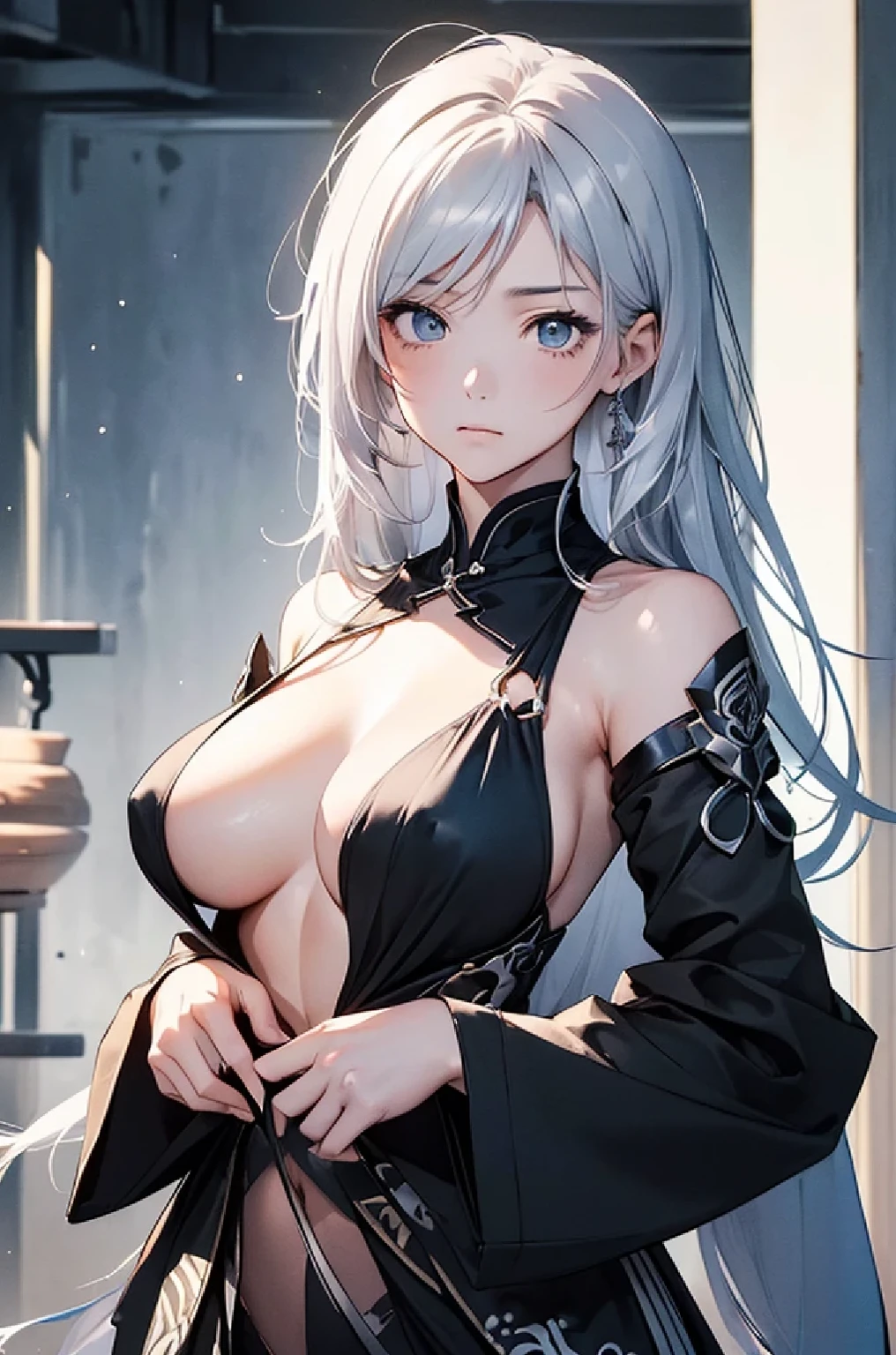 (Image from chest up:1.4)((masterpiece:1.5,Highest quality,Beautiful images、Sketch、2.5D、Ink Painting、Abstract、Artistic、Portraiture))(1girl, solo)(medium breasts, Silver Hair、long hair、Beautiful cleavage、sideboob、Exposing shoulders、Tattoo on shoulder)(Profile Portrait,Gaze sideways、Gaze diagonally、Shake your head、A sad expression, floating hair)(Monotone Abstract Background)((from front:1.3)),Landscape,(outfit-inori,Monotone costumes)