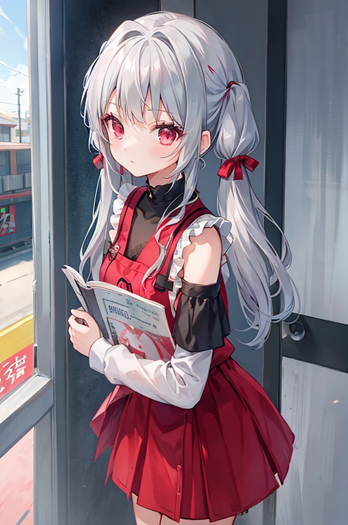 Grey Hair、Low twin tails、Red Mesh、Fashionable、Good at studying、cute、Beauty、