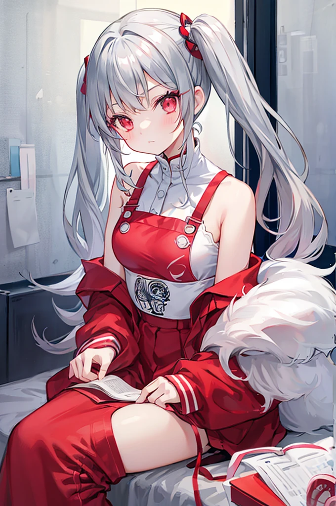 Grey Hair、Low twin tails、Red Mesh、Fashionable、Good at studying、cute、Beauty、14 years old