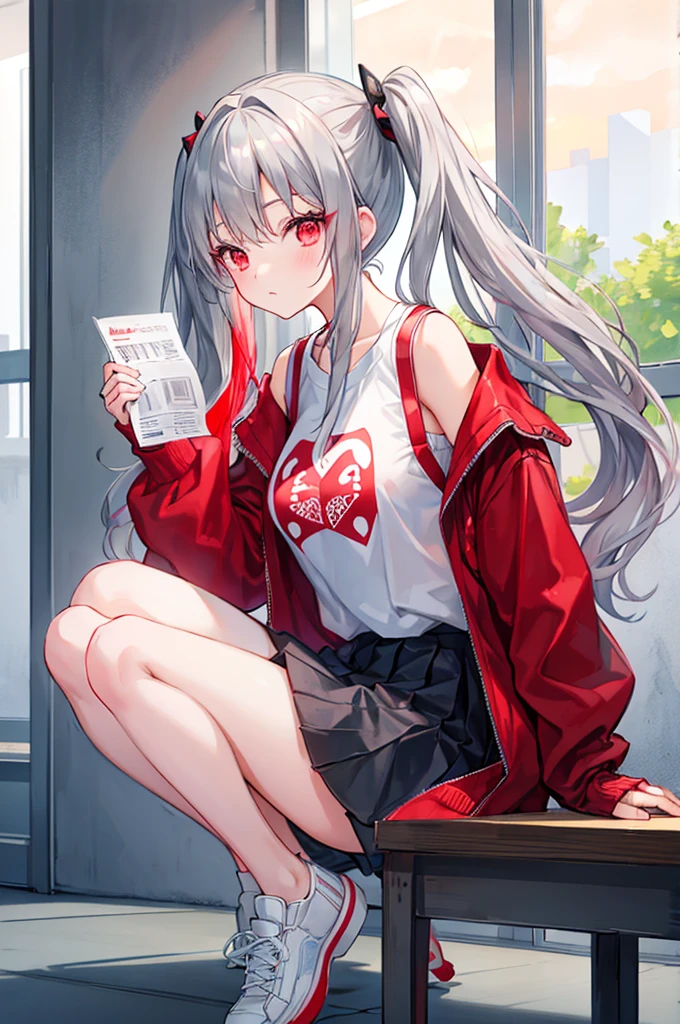 Grey Hair、Low twin tails、Red Mesh、Fashionable、Good at studying、cute、Beauty、14 years old