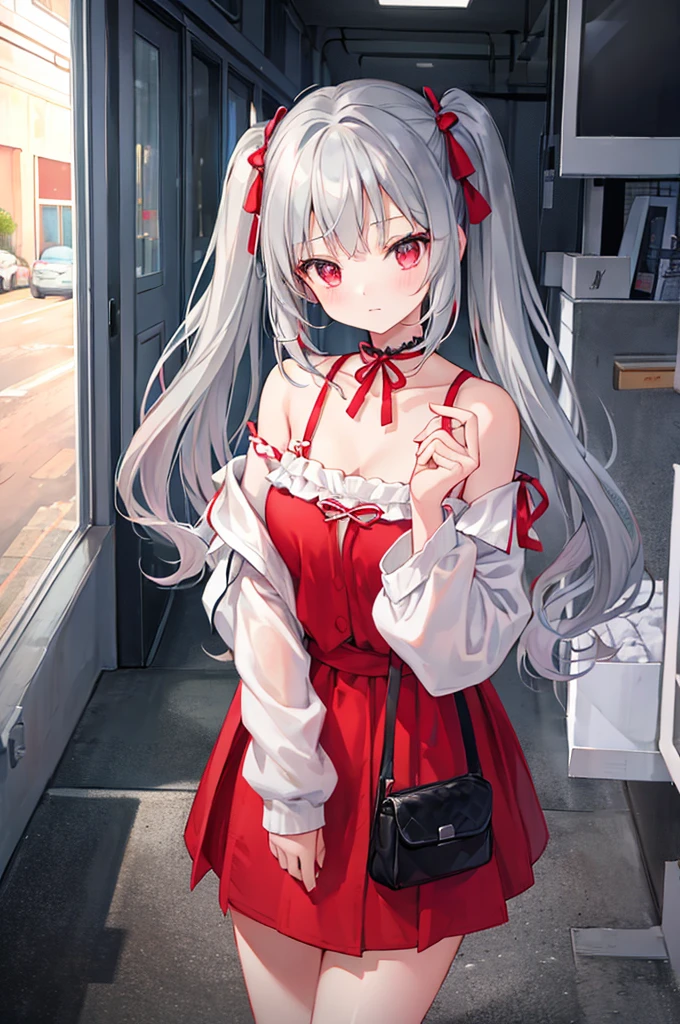 Grey Hair、Low twin tails、Red Mesh、Fashionable、Good at studying、cute、Beauty、14 years old