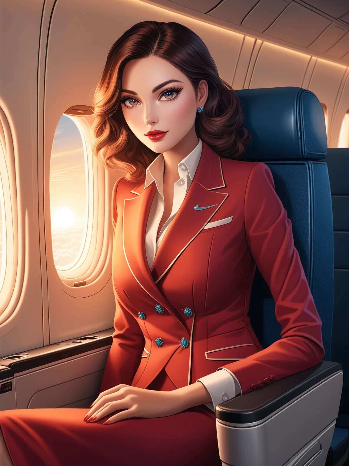 pretty woman, wearing air hostess outfit, on plane seat, beautiful detailed eyes, beautiful detailed lips, extremely detailed face, long eyelashes, elegant, graceful pose, window view, interior of plane, warm lighting, vibrant colors, digital art, 8k, high resolution, masterpiece, best quality