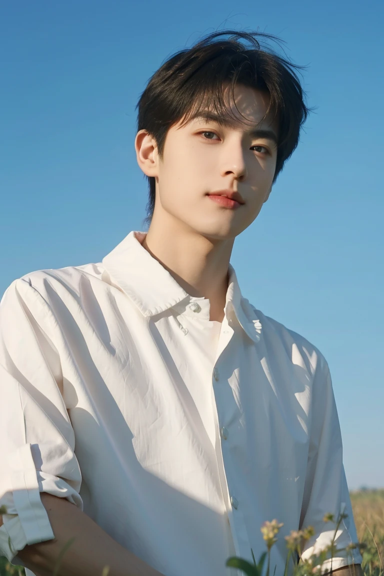 Nansheng,One boy,alone,Male Focus,null,Outdoor,Day,Realistic,shirt,Grass,Upper Body,white shirt,Mouth closed,(Best Shadow),Complex, bright, Lens Distortion Correction，(Best Shadow),Complex, bright, Lens Distortion Correction