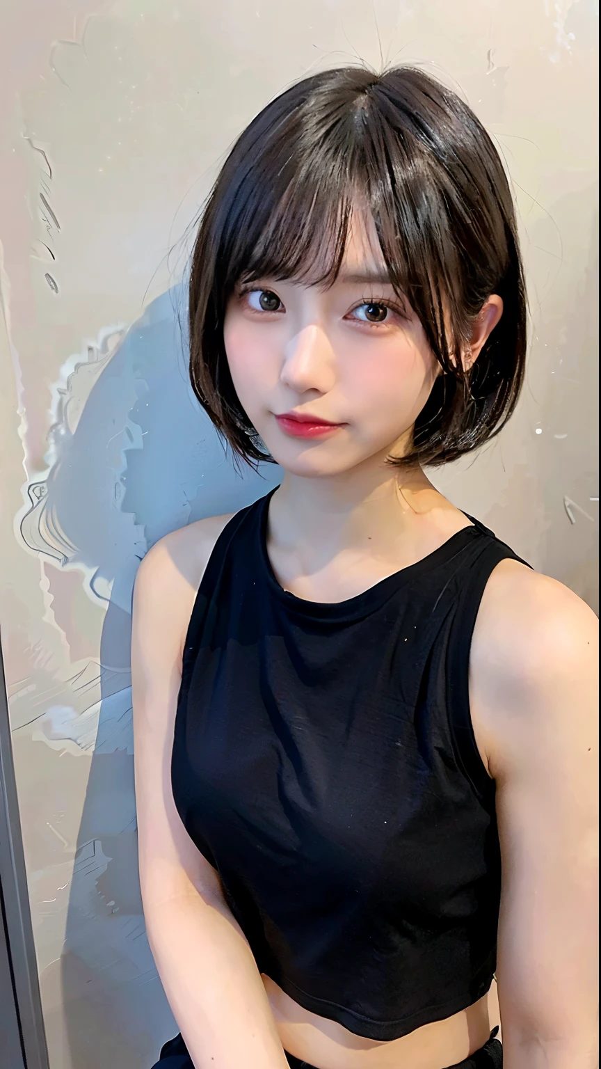 (Highest quality, 8K, 32k, masterpiece, Ultra-high resolution:1.2),Beautiful Japanese Women Photos, Very short bob hair,Upper Body,Face Focus,(Black underwear), Simple Background, From above, View your viewers,