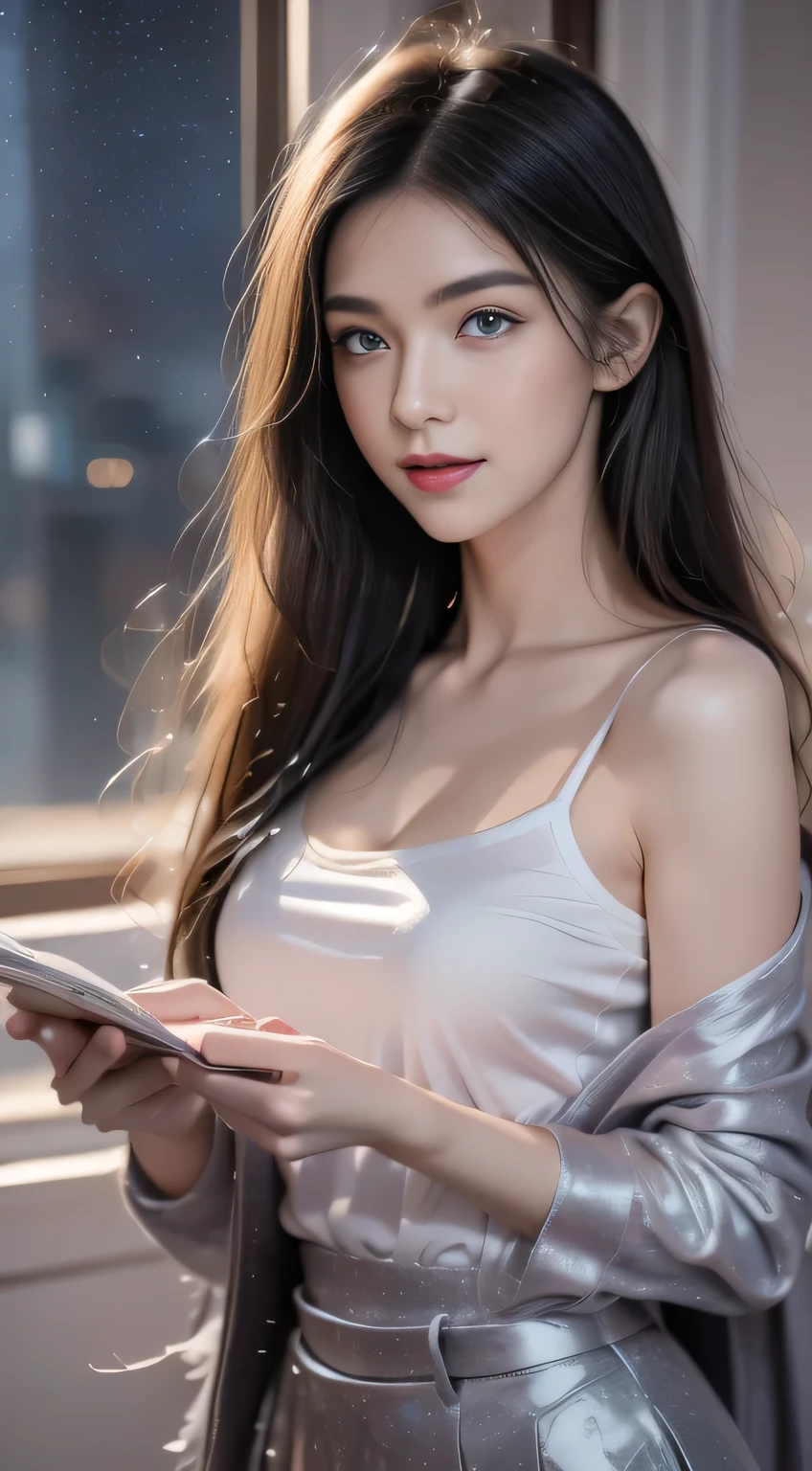 A young man in school uniform, Has purple eyes and dark black hair, Studying hard.artwork, Surrealism, Very detailed, Intricate details, painting, best quality, universe, Starry Sky, A woman holding a double plate scale, Pound sign concept, Golden Ratio, beautiful, universe concept, 8K, light, Starry Sky background, Vibrant colors, ultra HD, author:Greg Rutkowski