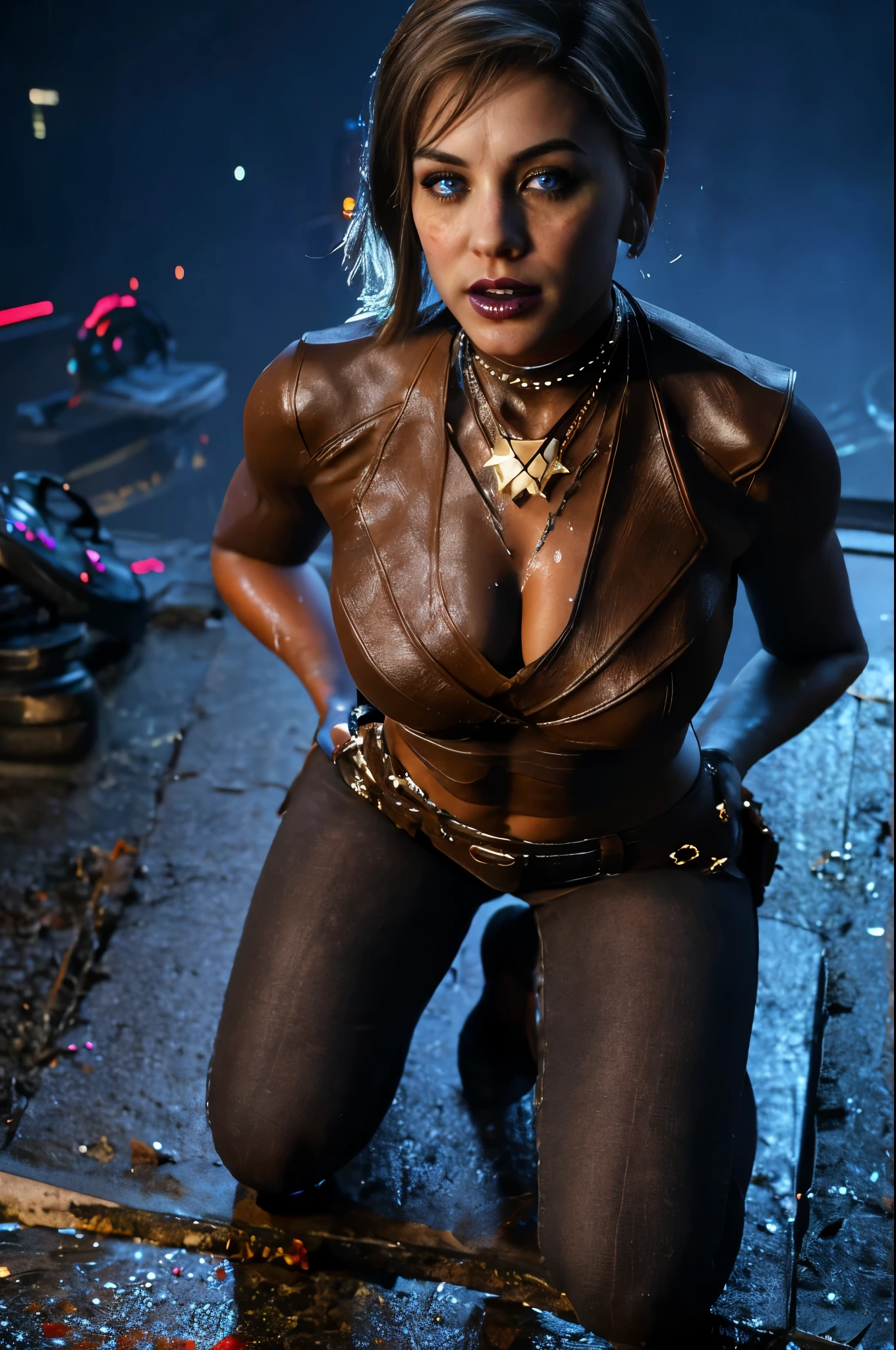 pov closeup (((from above))). full body view of muscular MerrinJS,MerrinJFO, on her hands and knees. skimpy outfit, halter, cutouts, deep cleavage, high leg, missing sections, skimpy, strapless. Intricate choker. dark lipstick. flirting, arroused, pleased, slightly open mouth, licking lips. bold makeup, dark eyeliner, strong smokey eyeshadow. great legs. (((Highly detailed brown eyes))). Large breasts, firm breasts. Dripping wet. Posed kneeling, on her knees. neon futuristic evening scene. seductive lighting, detailed volumetric lighting,