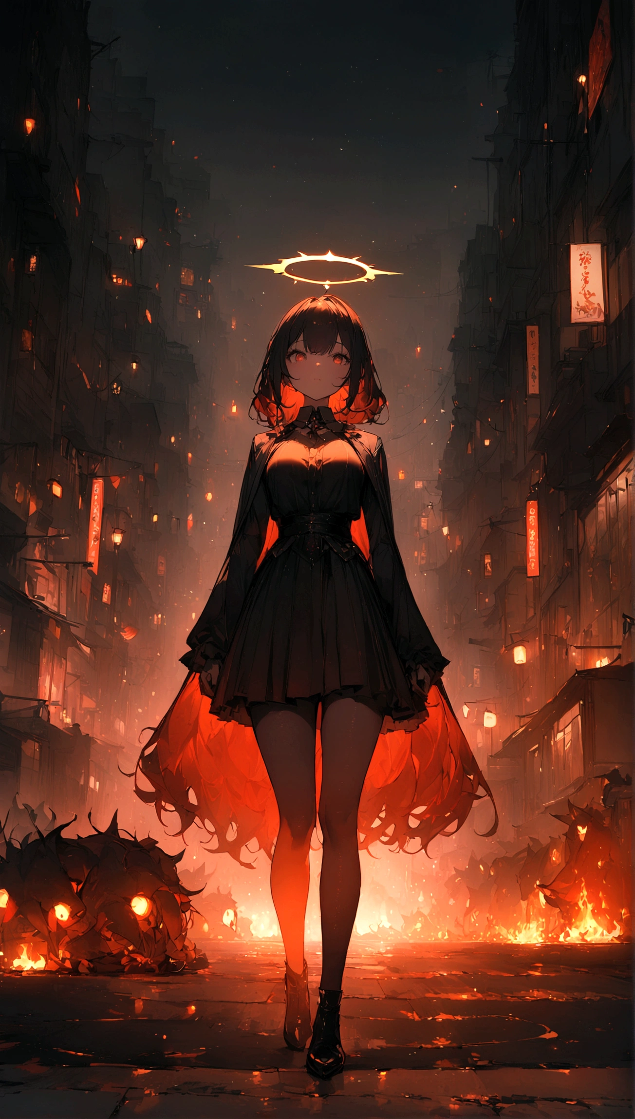 ((best quality, 8K, masterpiece: 1.3)), 1 Girl, Foxy Slim，9 types of syrups，In the dark night with burning gold，A city in Japan，Ambient lights and dim lights focus on the girl，With light and shadow effects caused by the lighting halo.