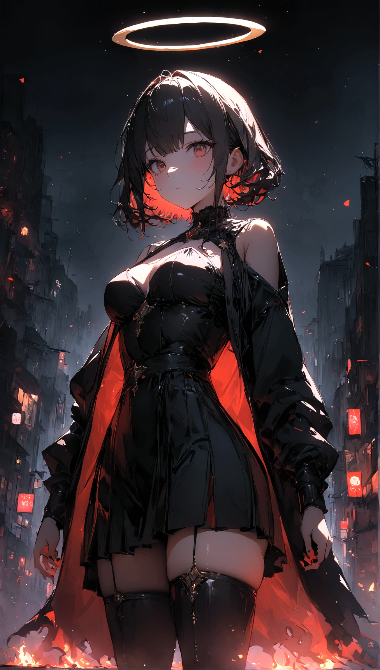 ((best quality, 8K, masterpiece: 1.3)), 1 Girl, Foxy Slim,9 types of syrups,In the dark night with burning gold,A city in Japan,Ambient lights and dim lights focus on the girl,With light and shadow effects caused by the lighting halo.