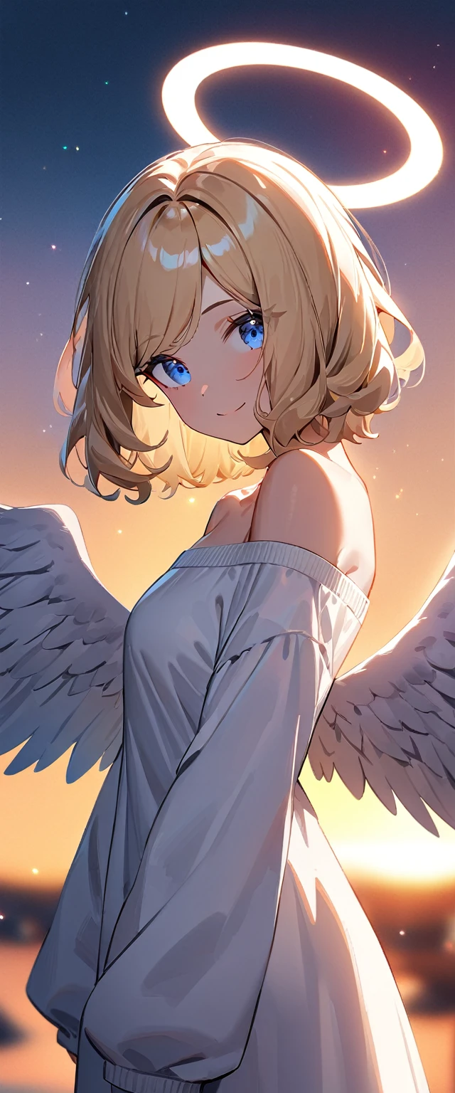 (((One girl))), (((cowboy shot))), ((flying)), ((angel, big big white wings:1.2, halo:1.3)), Uriel, ((wavy hair, outward curled hair)), from side, evening, Sunset, ((blond hair, bob cut:1.3)), breasts, teenager, (looking at viewer), oversized clothes, puffy long sleeves, collarbone, ((off-shoulder sweater dress:1.3, Quite thick shoulder straps)), (((sleeves past wrists:1.3))), ((white sweater)) collarbone, head tilt:1.3, (((blue eye))), ((happy smile)), (((anime style))), (best quality, 4K, 8K, highres, masterpiece:1.2, ultra-detailed, ultra-detailed eyes, HDR, uhd, studio lighting, ultra-fine painting, sharp focus, physically-based rendering, extreme detail description, professional, vivid colors, bokeh), ((Highest quality, Best image quality, Ultra-high resolution, Ultra-high resolution, solo, Strong eye highlights)), Depth of written boundary, Natural soft light, attractive, Beautiful Face, Cleanliness, Pure Face, medium chest, Beautiful Face, Perfect Fingers, Perfect hands, Perfect body, Perfect Face, Shine a light into your eyes, Perfect Anatomy