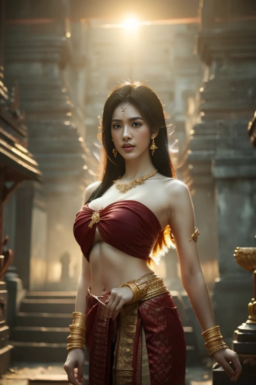 beautiful girl ,Thailand Female Warior, walking at thai temple, dynamic poses, chut thai dress, strapless shirt, long hair,black eyes,abdominal muscles, plumpy body, rounded breast, (big breast:1.3), cleavage, Morning sunshine, Eyes on the audience, (sexy poses), ((face details)), Double eyelids, reeds, realistic, masterpiece, highest quality, lens flare, shade, old temple, temple, [[chromatic aberration]], by Jeremy Lipking, by Antonio J. Manzanedo, digital painting, HDR, high contrast
