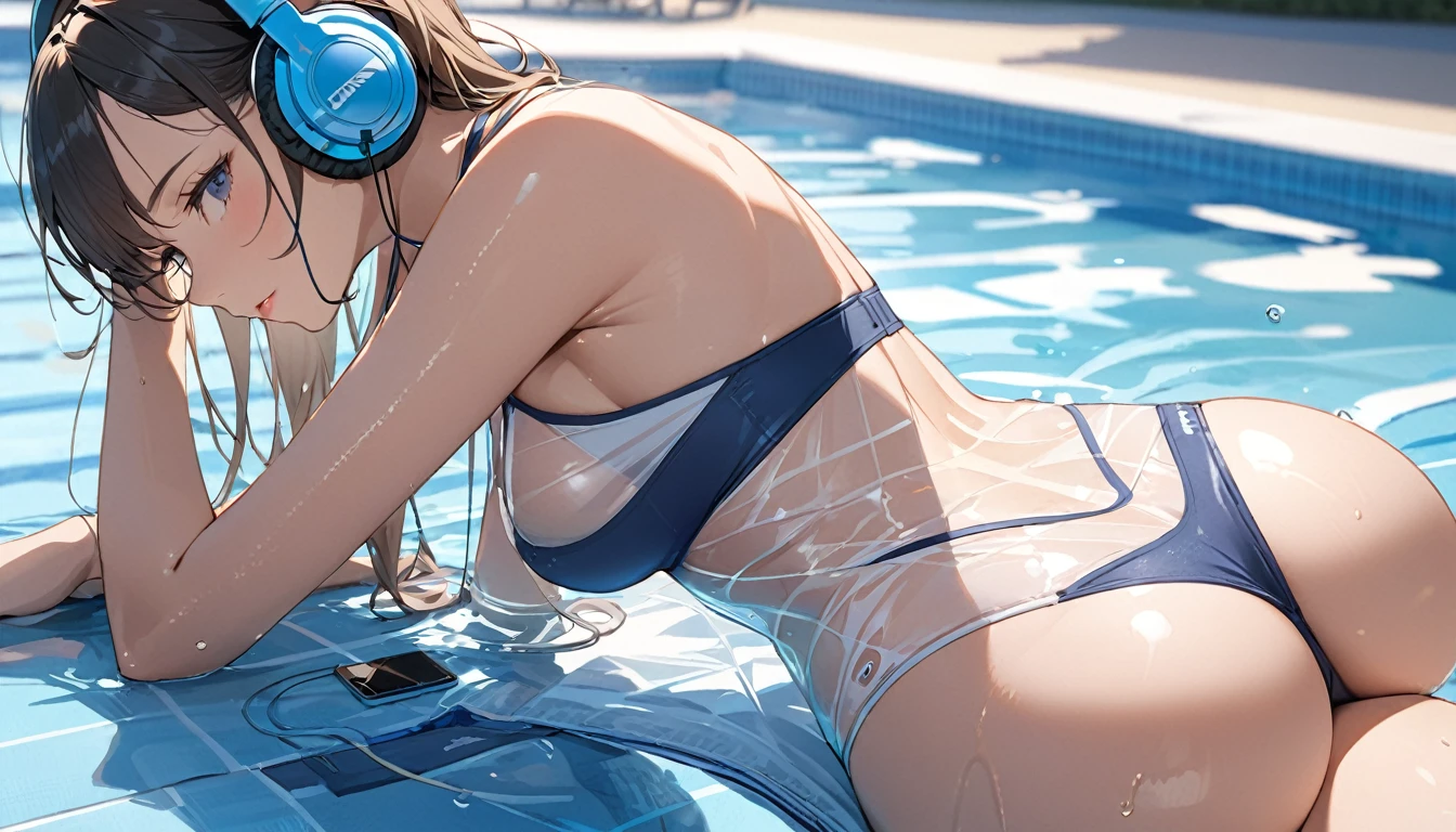 ((Top Quality)), ((Masterpiece)), ((Details)), perfect face, perfect body, sitting on the swimming pool, listening to music, wearing headphones, wearing swimsuit, swimsuit transparent, tight with buttocks and breasts exposed Woman with clothes on and face visible