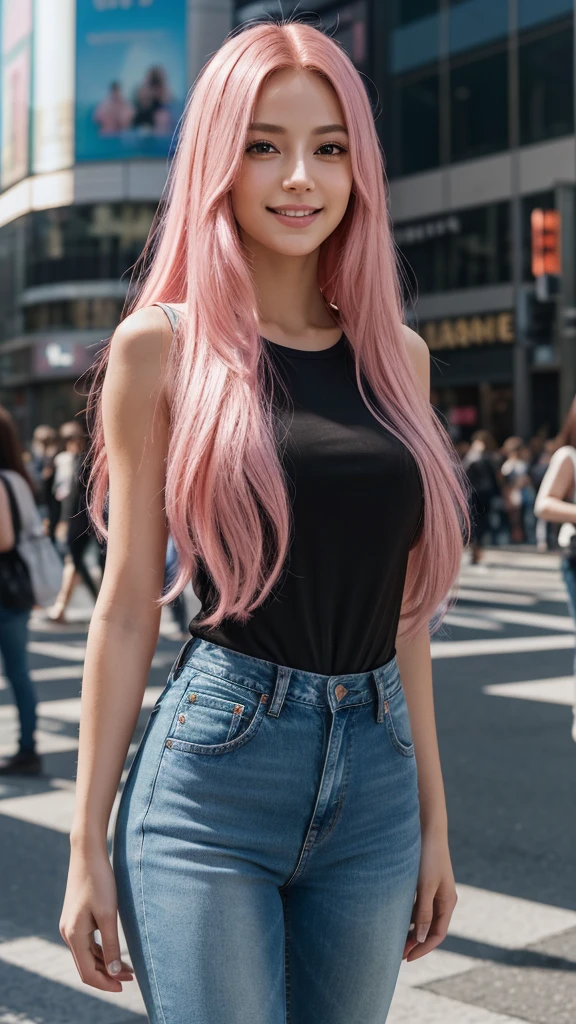 masterpiece, 1girl, (photorealistic:1.4), best quality, ultra detailed, (extremely delicate and beautiful face:1.3), (long pink hair:1.2), (brown eyes), (looking 22 years old), wearing (a stylish black shirt and jeans), (natural makeup), (bright smile), (standing pose in shibuya crossing), (high resolution, 8k, realistic, hyper detailed), (warm lighting, natural lighting), (vibrant colors, vivid colors), (professional photo, cinematic composition)