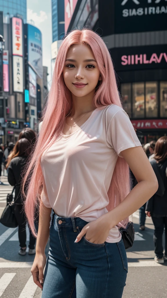 masterpiece, 1girl, (photorealistic:1.4), best quality, ultra detailed, (extremely delicate and beautiful face:1.3), (long pink hair:1.2), (brown eyes), (looking 22 years old), wearing (a stylish black shirt and jeans), (natural makeup), (bright smile), (standing pose in shibuya crossing), (high resolution, 8k, realistic, hyper detailed), (warm lighting, natural lighting), (vibrant colors, vivid colors), (professional photo, cinematic composition)