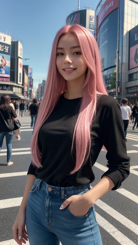 masterpiece, 1girl, (photorealistic:1.4), best quality, ultra detailed, (extremely delicate and beautiful face:1.3), (long pink hair:1.2), (brown eyes), (looking 22 years old), wearing (a stylish black shirt and jeans), (natural makeup), (bright smile), (standing pose in shibuya crossing), (high resolution, 8k, realistic, hyper detailed), (warm lighting, natural lighting), (vibrant colors, vivid colors), (professional photo, cinematic composition)