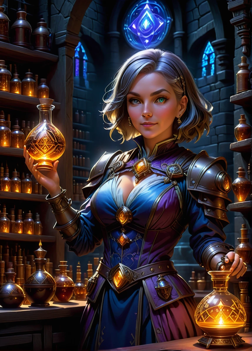 skilled human alchemist, mature female focus, guild symbols and patterns, dark ethereal laboratory at night, holding an potion bottle, full shot, 
((looking at viewer:1.2), (from side:0.8)), 
full armor, athletic, volumetric lighting dynamic lighting, real shadows, vibrant contrasting colors,  
style of Stephen Hickman and Stan Manoukian,
ultra realistic, masterpiece, high quality, highres, sharp focus, intricate, sharp details, highly detailed, rich color, 8K,