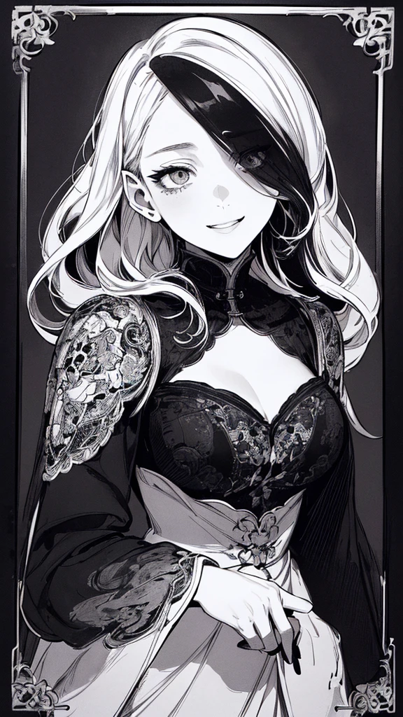 Highest quality, (Background details), High Contrast, Very beautiful woman, Detailed original illustrations、functional、bishop、White Robe、Delicate face、Charm、Villainess、sexy、Real breasts、Crazy Smile, Crazy Eyes, Black background, (Black background: 1.5), Beautiful line art、Monochrome