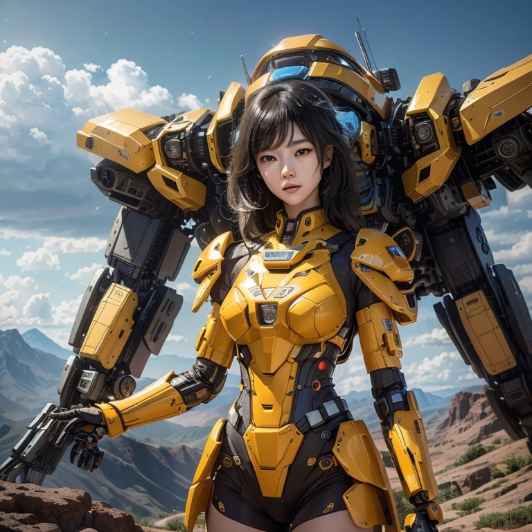 Bright orange mech((ultra real detailed.mecha-girl) (Masterpiece, Top quality, Best quality, offcial art, Beauty and aesthetics: 1.2), Very detailed, Colorful, Most detailed, branches,mecha-girl, (Mards)mecha-girl(canyons), (Linen Future Mecha Girl), Angry fighting stance, looking at the ground, Batik linen bandana, Crane pattern long sleeve garment,Mecha Maiden Canyon(Abstract propylene splash:1.2), Dark clouds lightning background,Sprinkle with golden mech girl powder(realisticlying:1.4),Black color hair,CG Giants,, Realistic secret manga girl rendering, detailed face of a asian girl, Reality in the secret world, Smooth CG art, Realistic. Cheng Yi, Realistic secret style, A lovely secret rendering, Rendu portrait 8k, Render character art 8 K, Kawaii realistic portrait,,Flour fluttering,rainbow background, A high resolution, the detail, RAW photogr, Sharp Re, Nikon D850 Film Stock Photo by Jefferies Lee 4 Kodak Portra 400 Camera F1.6 shots, Rich colors, ultra-realistic vivid textures, Dramatic lighting, Unreal Engine Art Station Trend, cinestir 800,Flowing black hair,(((mecha-girl)))