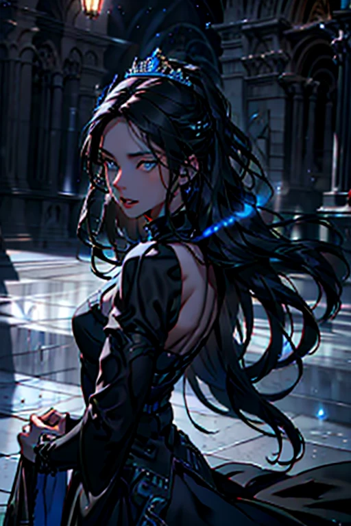 A princess screaming in hatred, detailed face, blue eyes, glowing black dress, very long hair, flying hair, magical, dark background