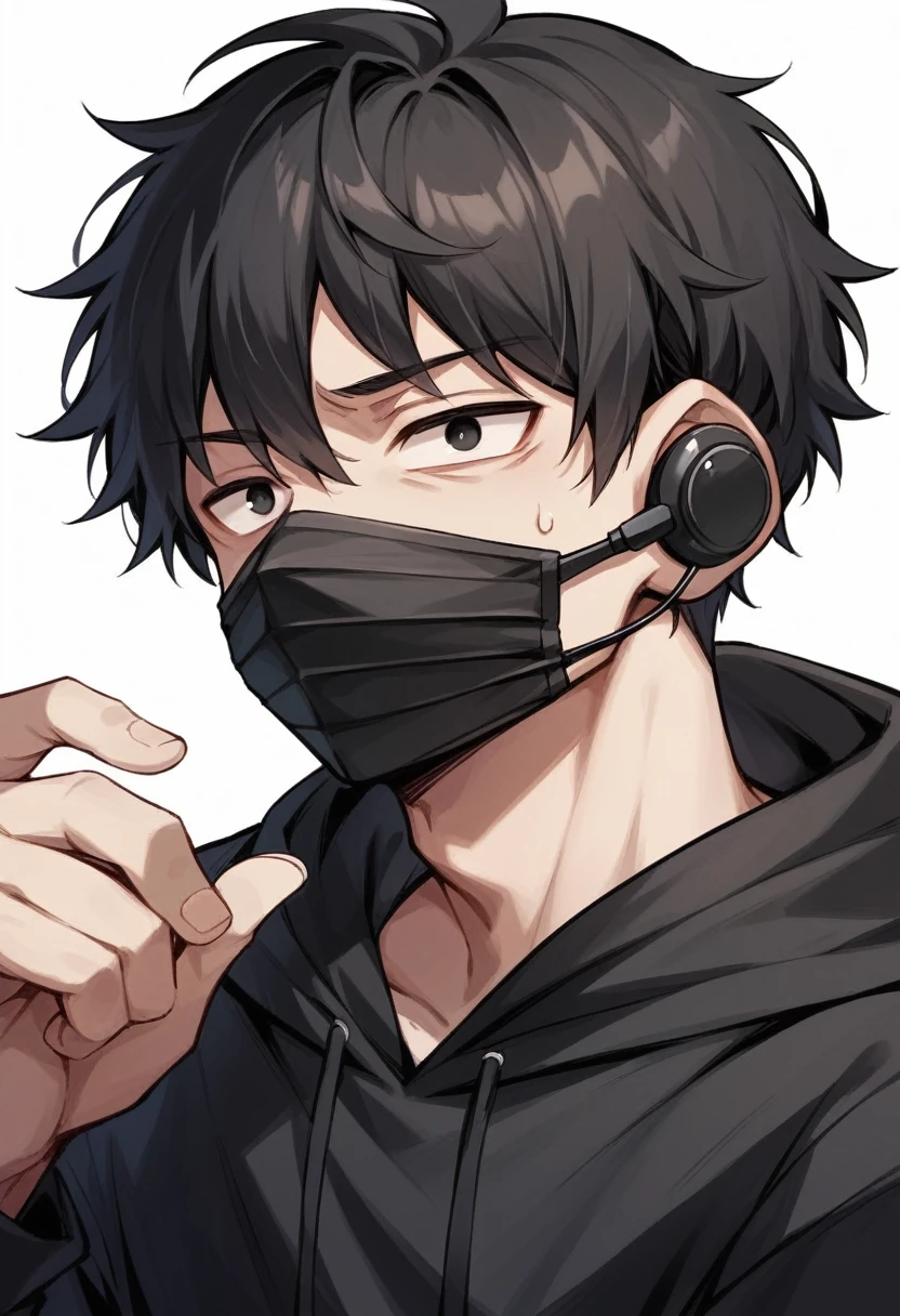 boy whith hoodie and headset , black face mask
depressed , black clothes, dark image , dark aerosphere . numb face , poker face